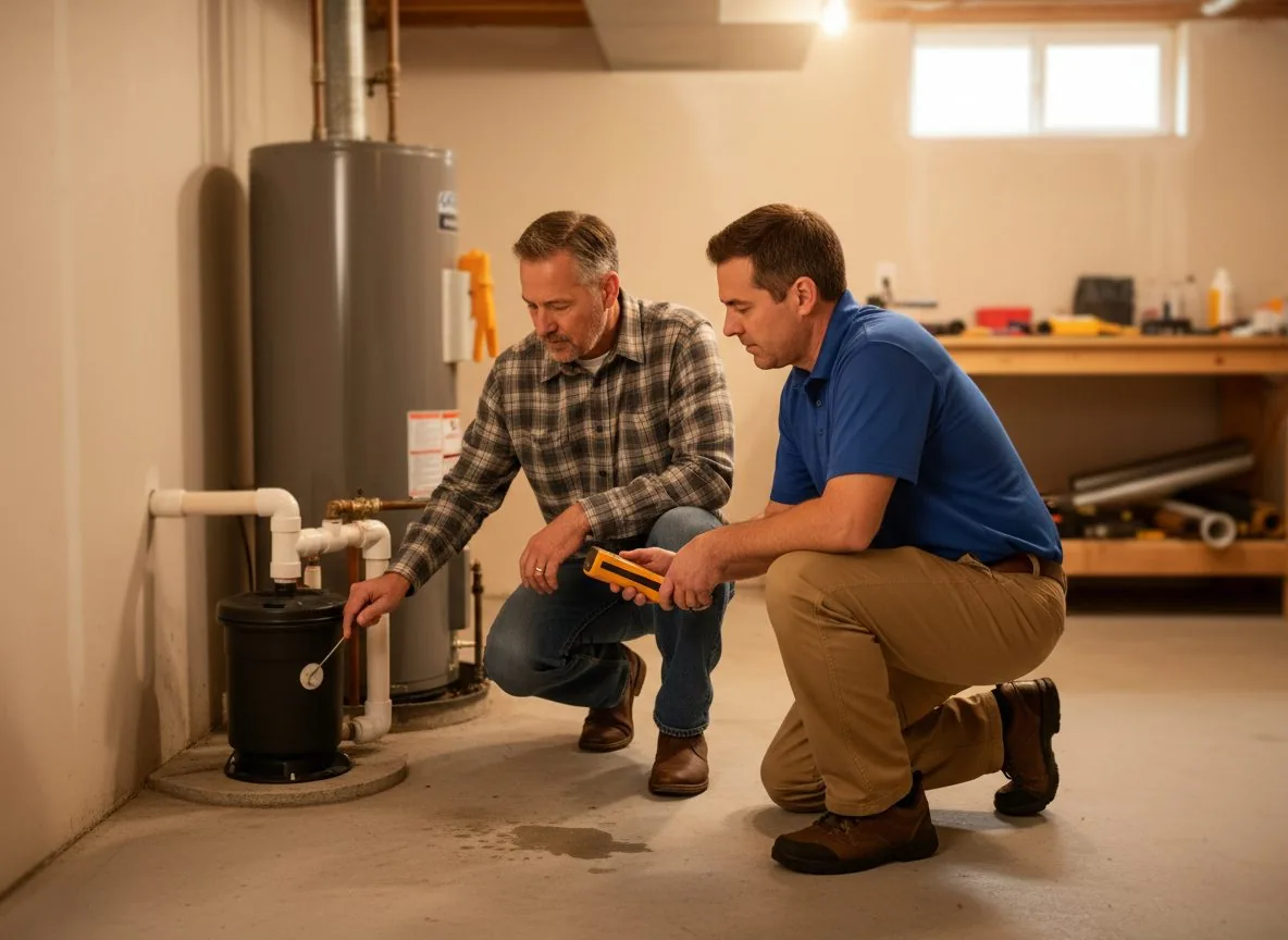 Water damage restoration professional checking a basement for hidden moisture after a pipe leak in Pennsylvania