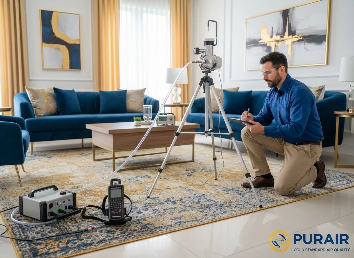 Indoor air quality testing equipment in a Pennsylvania basement investigating a musty odor