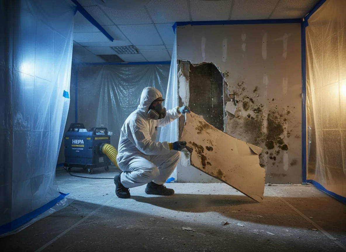 Mold remediation technician in a Tyvek suit performing professional mold removal in a Montgomery County home