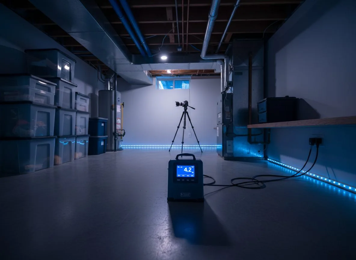 Professional radon testing equipment in basement