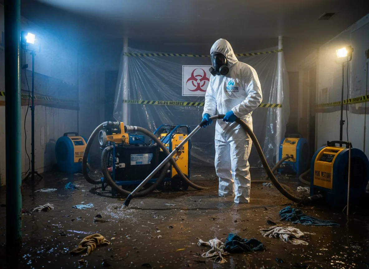 Sewage cleanup technician in a hazmat suit responding to a basement sewage backup in Pennsylvania
