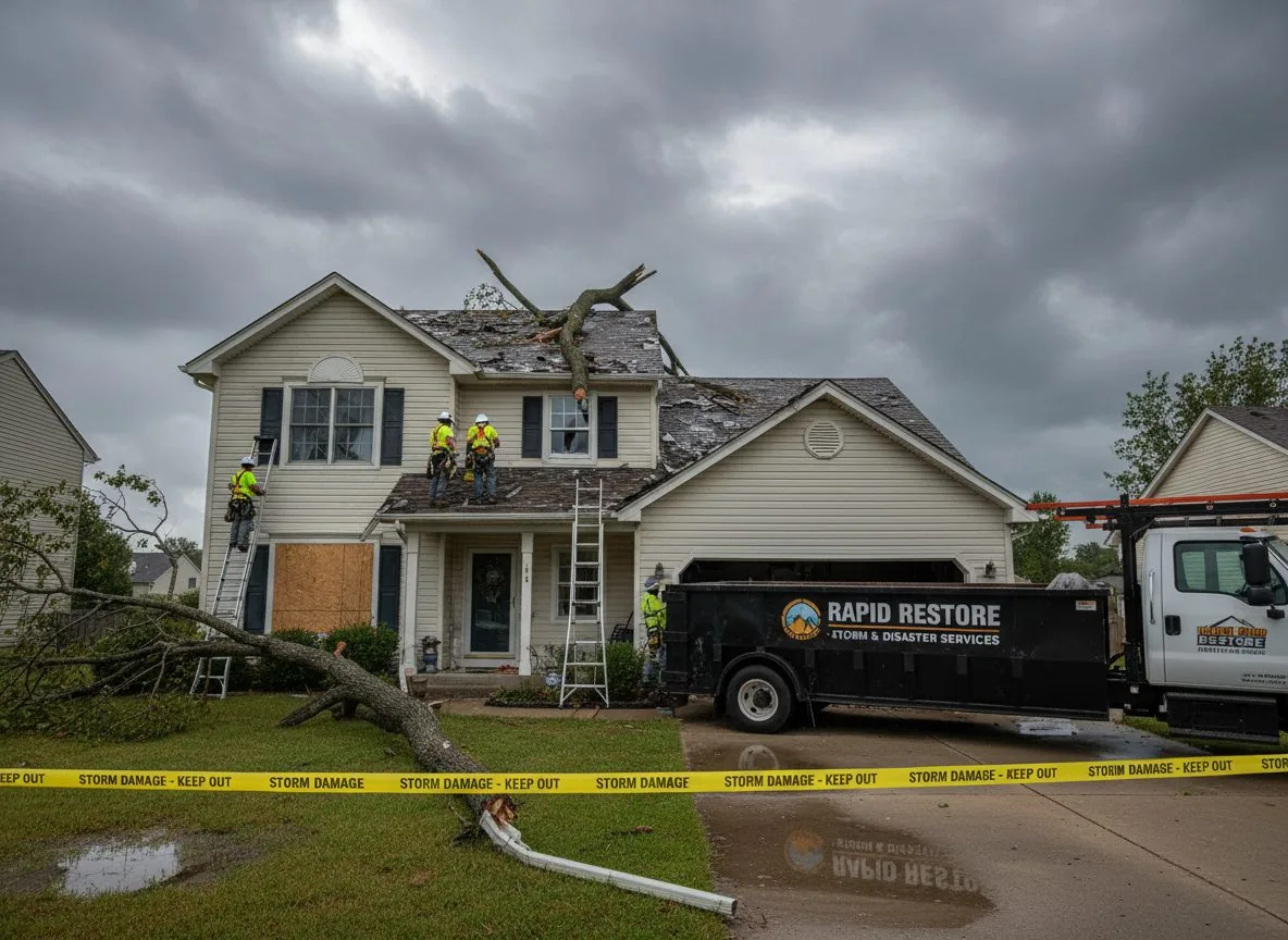 Storm damage restoration crew assessing wind and tree damage to residential home