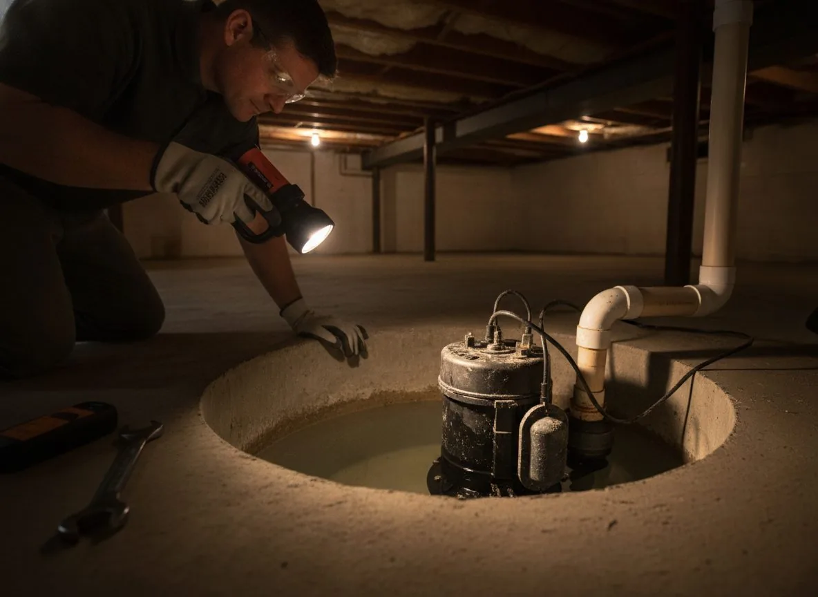 Professional inspecting sump pump in residential basement